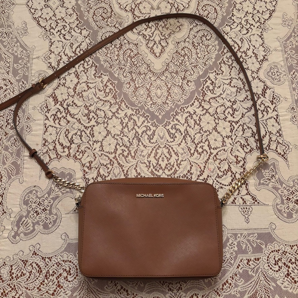 brown leather michael kors crossbody purse